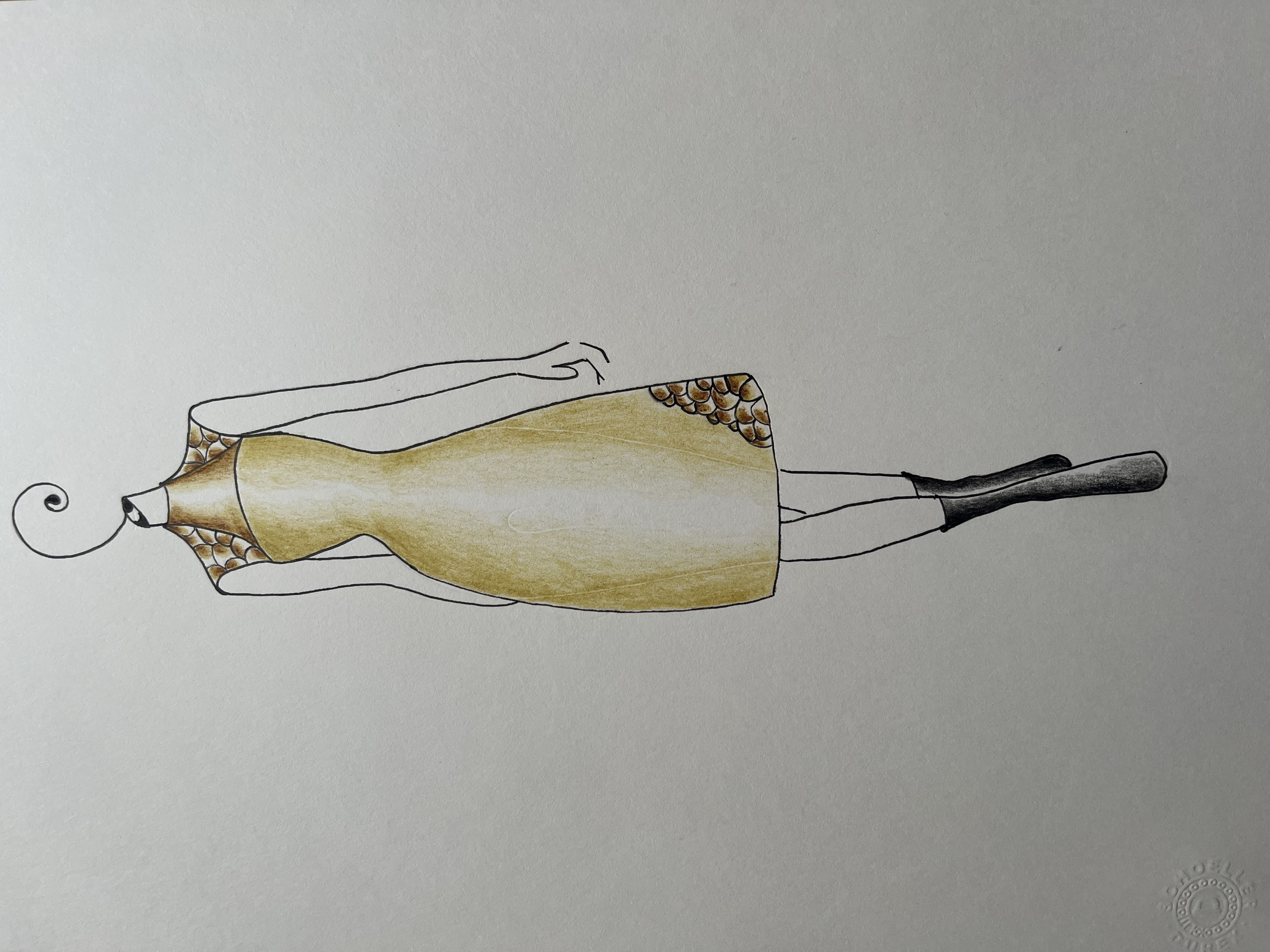 Drawing of a golden silk evening dress with a halter neck